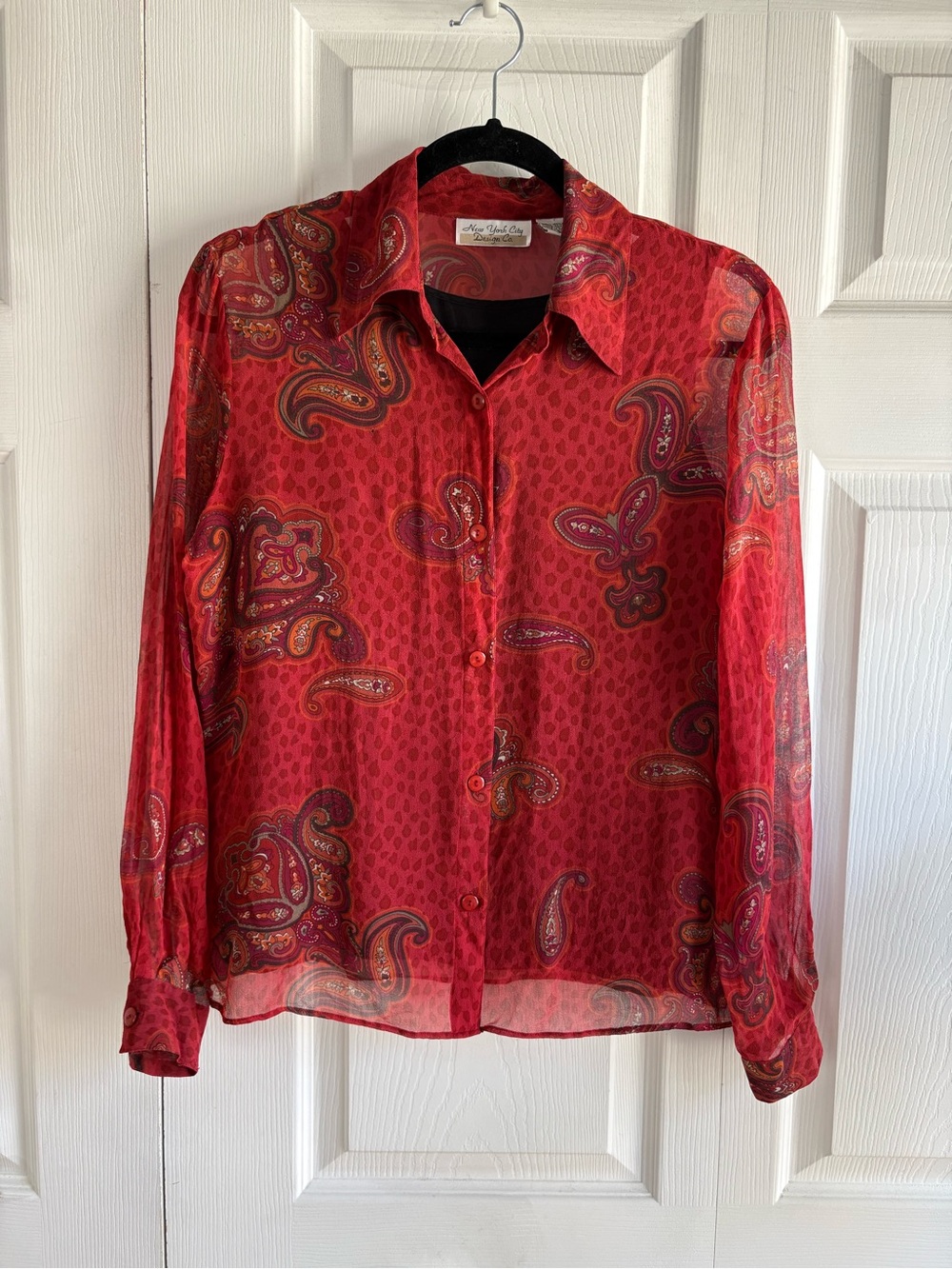 VNTG Y2K New York City Design Red Silk Paisley‎ Leopard 2in1 Blouse Top Career S